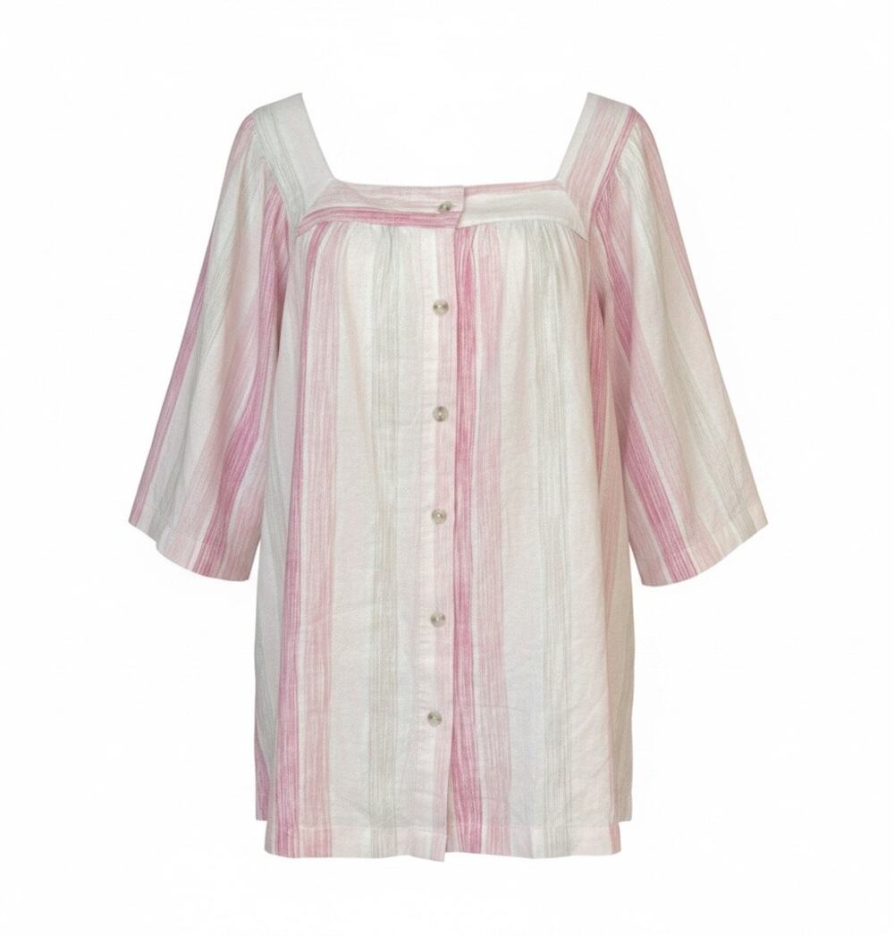 NWT Caffe Marrakesh Size 1X Linen Blend  Elbow Sleeve Top Stripe Tunic Pink Boho